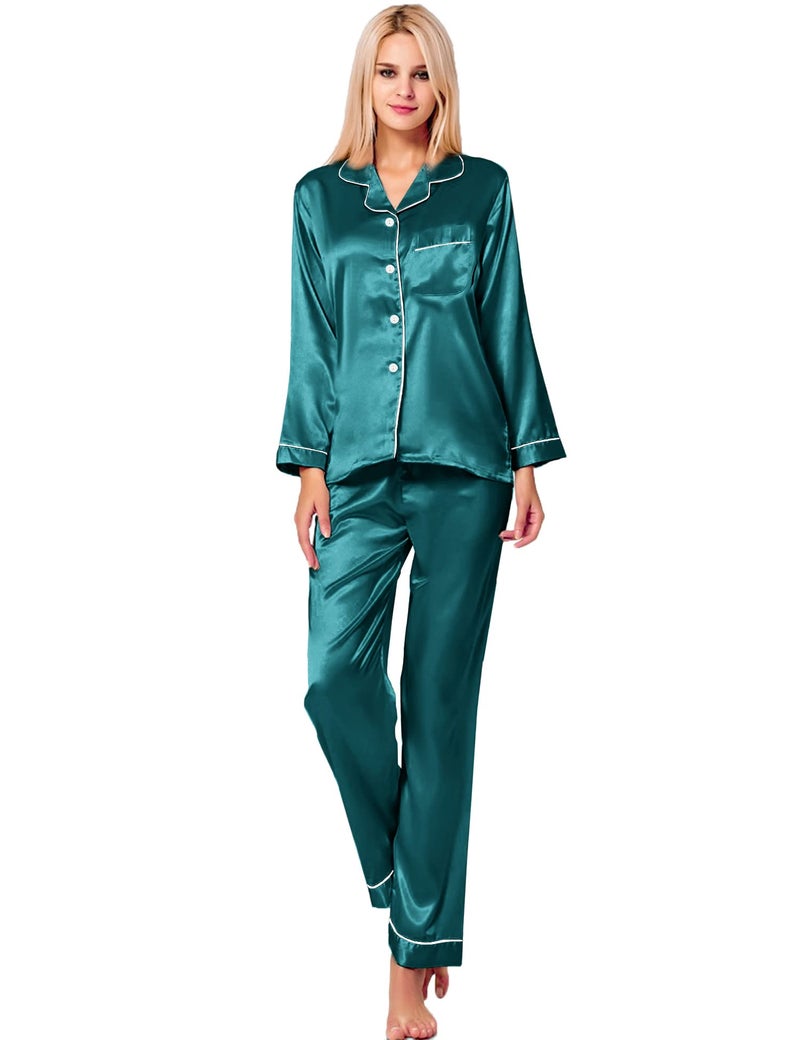 SWOMOG Womens Silk Satin Pajamas Long Sleeve Loungewear Two-Piece Sleepwear Button-Down Pj Set Green - Image 3